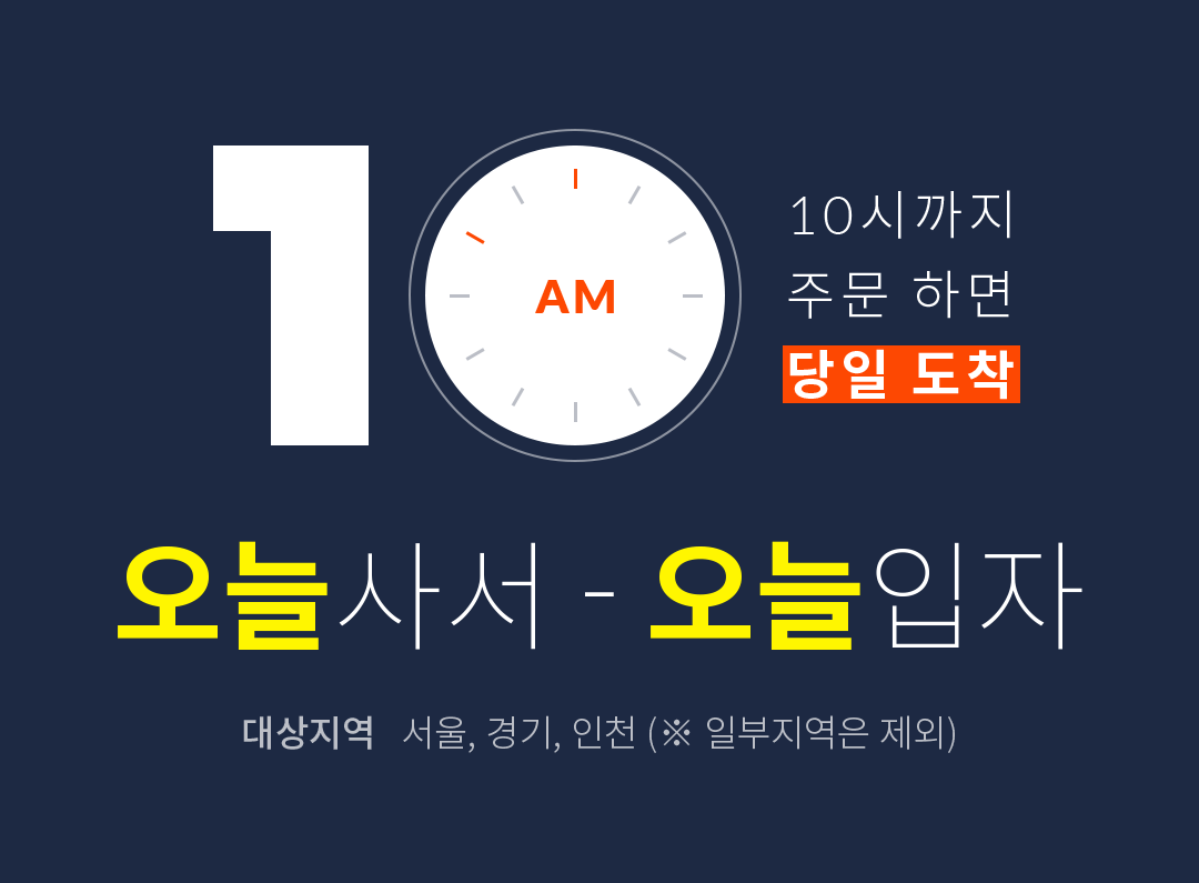 오늘 사서 오늘 입자 AM 10시까지 주문하면 당일 도착 대상지역 서울, 경기, 인천 외 일부 지역 제외